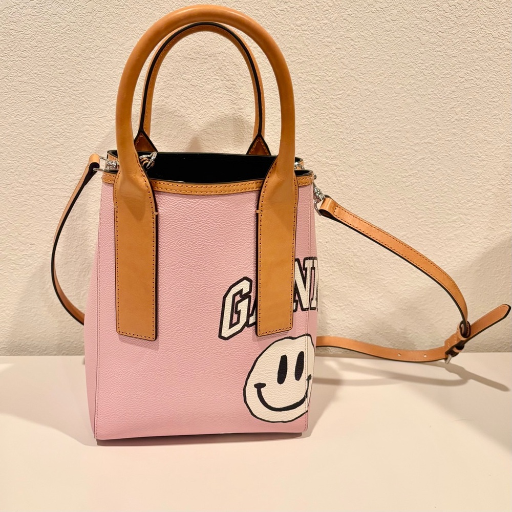 Ganni tote mini bag PINK women Crossbody Bag with Smiley Design cow leather